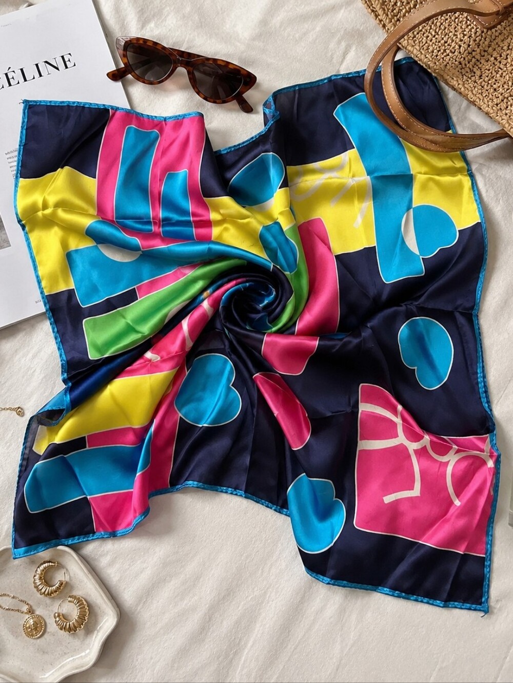 Vintage Japanese Acetate Scarf Bold Abstract Geometric Colorblock Retro 80s 90s